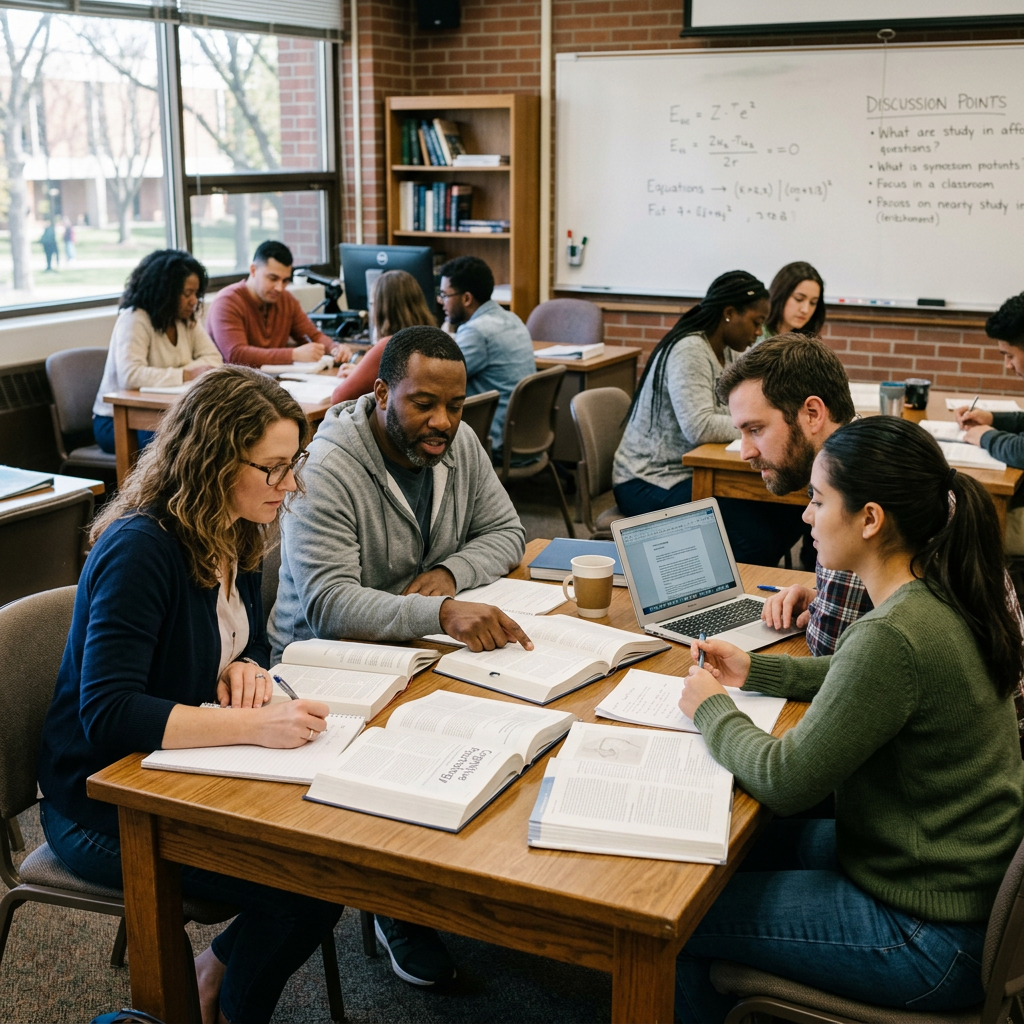 Group of students studying together around a table with books and a laptop